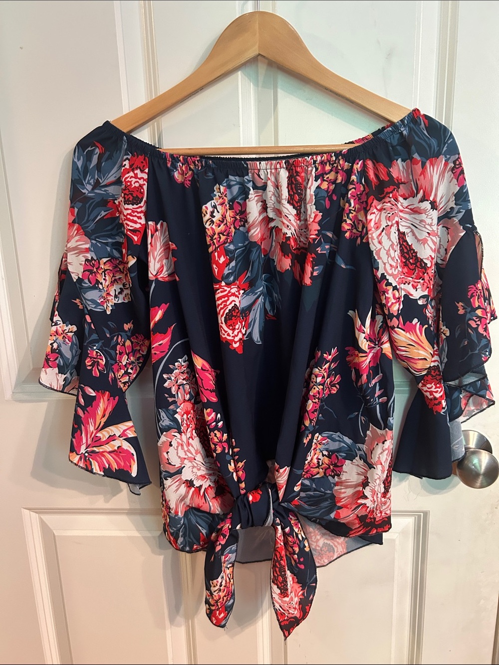 Women’s Navy Floral Off-Shoulder Tie-Front Top